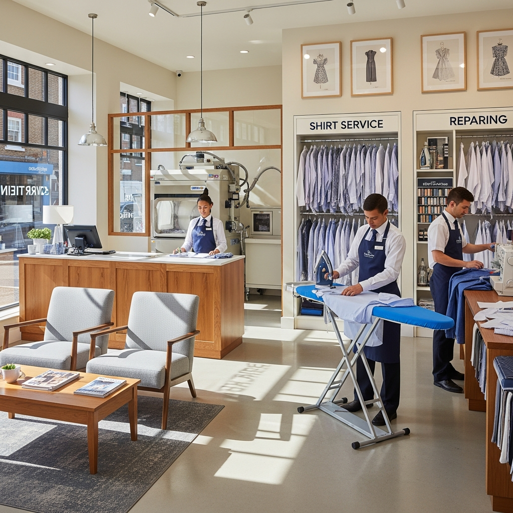 Modern dry cleaning retail storefront with customer waiting area and visible shirt service and repairing stations staffed by workers in blue aprons.