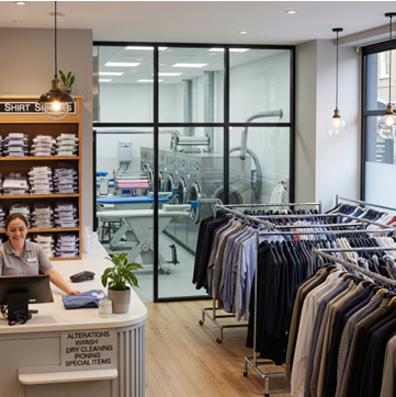 Contemporary shirt service shop reception area featuring female employee at curved white counter with corrugated paneling. Services menu lists alterations, wash, dry cleaning, ironing, and special items. Large glass window reveals industrial laundry equipment behind. Wooden shelving displays neatly folded white shirts under 'SHIRT SERVICES' illuminated sign. Rolling rack with pressed garments in foreground, pendant globe lights overhead. 